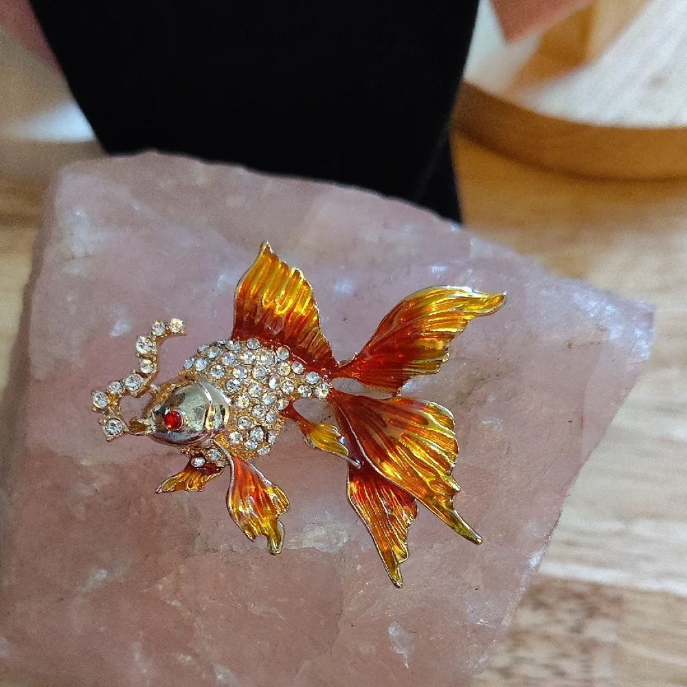Sparkling Gold and Orange Fish Brooch